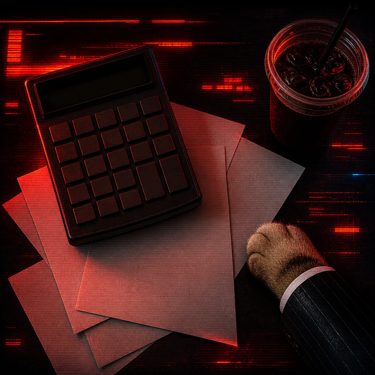 A desk with a calculator and papers
