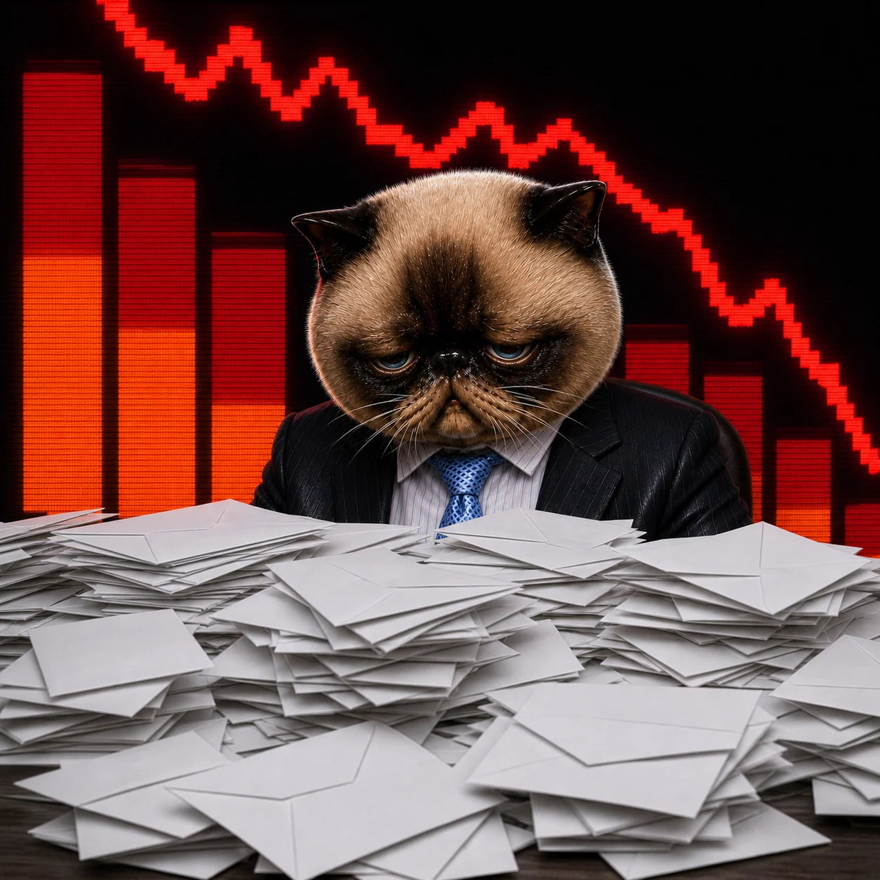 Debt cat behind a pile of envelopes